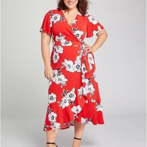 NWT LANE BRYANT Red White Floral Knit Kit Crossover Fit & Flare Dress sz 26/28